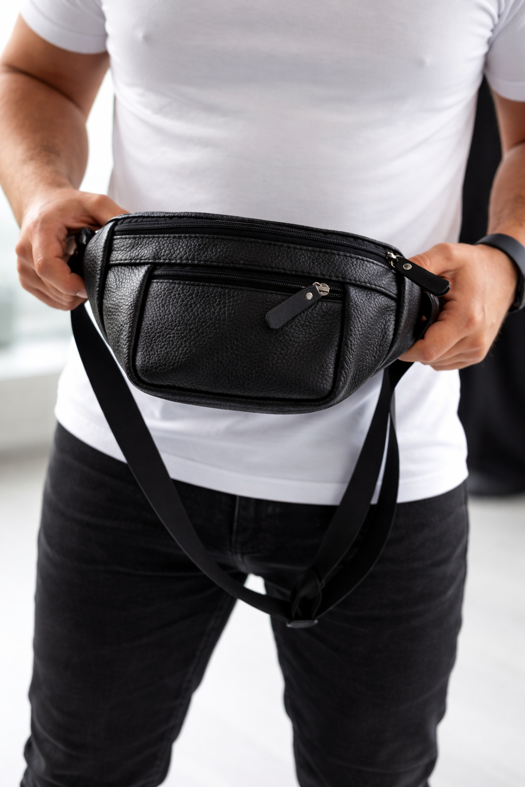 Handmade Mens Black Leather Banana Bag Waist Pack Gift for Him