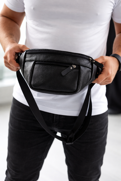 Handmade Mens Black Leather Banana Bag Waist Pack Gift for Him