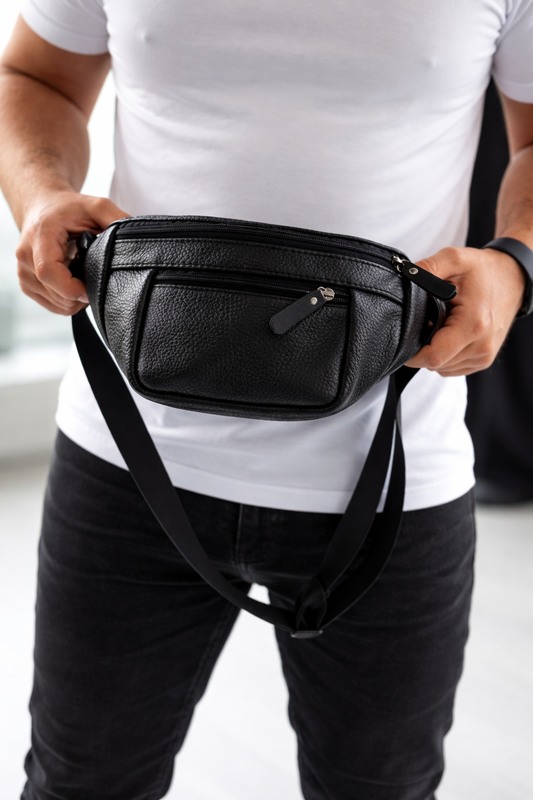 Handmade Mens Black Leather Banana Bag Waist Pack Gift for Him