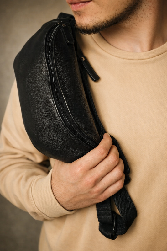 Handmade Black Genuine Leather Mens Belt Bag Fanny Pack Gift for Him
