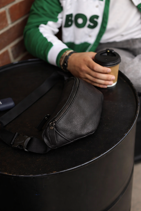 Mens Handmade Genuine Leather Banana Bag Black Waist Bag Belt Bag Gift for Him