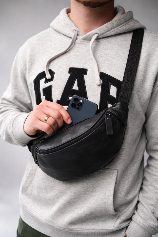 Handmade Mens Leather Belt Bag Black Gift for Him