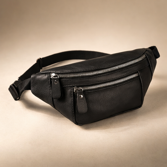 Handmade Mens Black Leather Banana Bag Gift for Him Leather Waist Bag