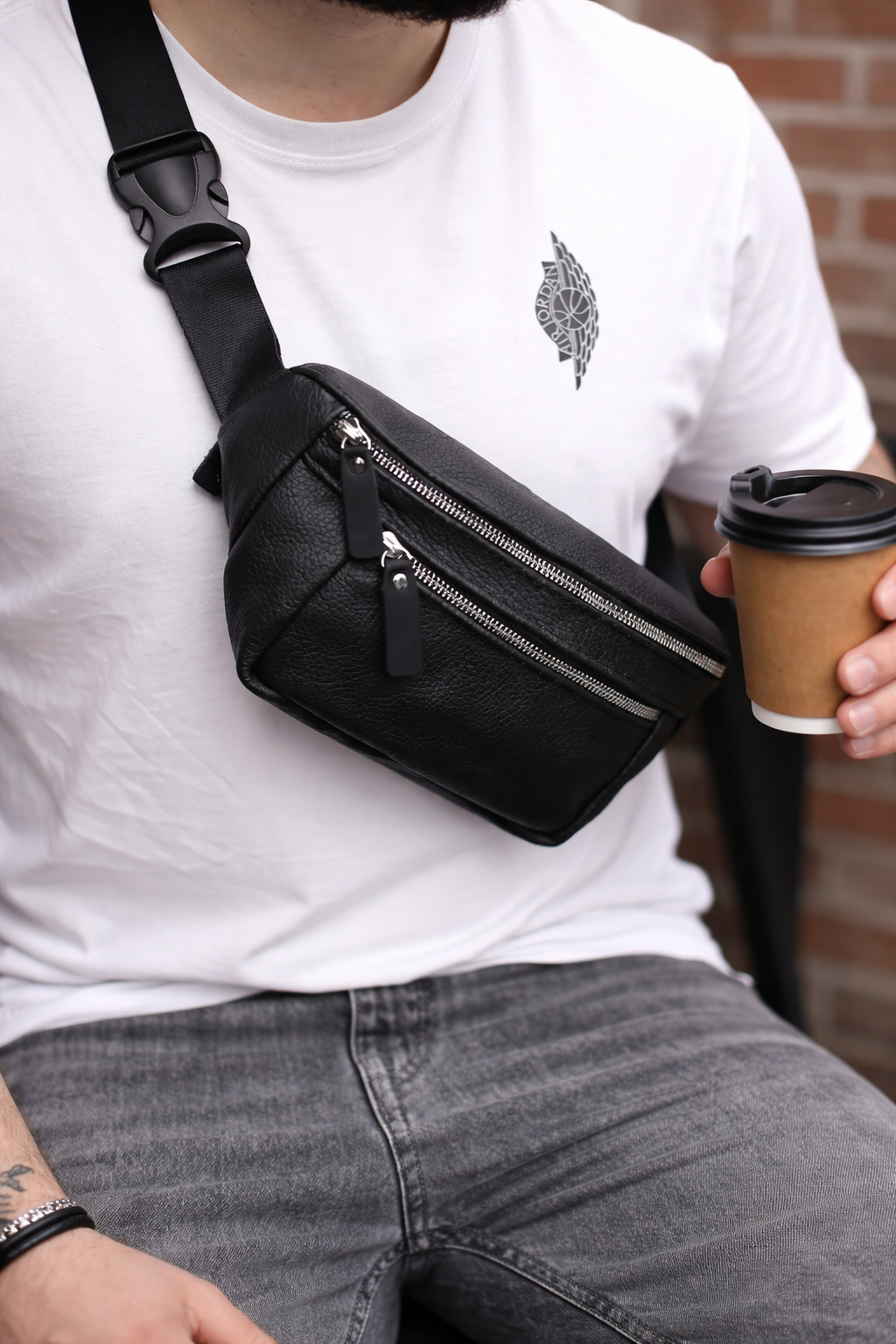 Handmade Genuine Leather Black Belt Bag Mens Fanny Pack Gift for Him