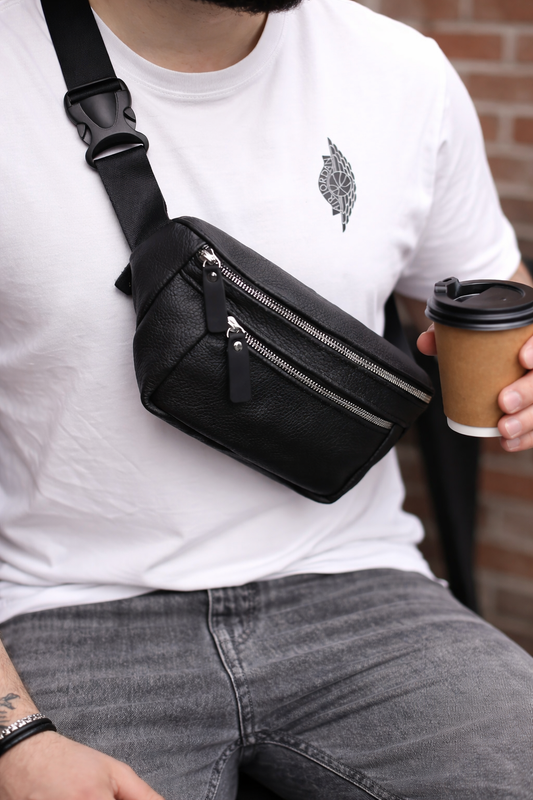 Handmade Genuine Leather Black Belt Bag Mens Fanny Pack Gift for Him