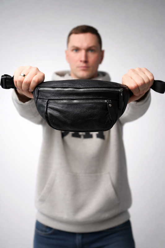 Handmade Mens Black Leather Banana Bag Waist Bag Fanny Pack Gift for Him