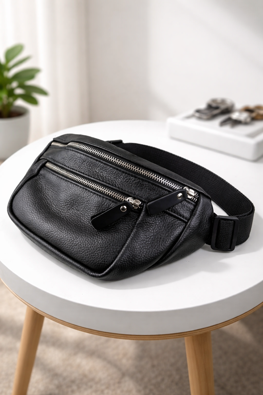 Handmade Mens Leather Banana Bag Black Waist Bag Gift For Him