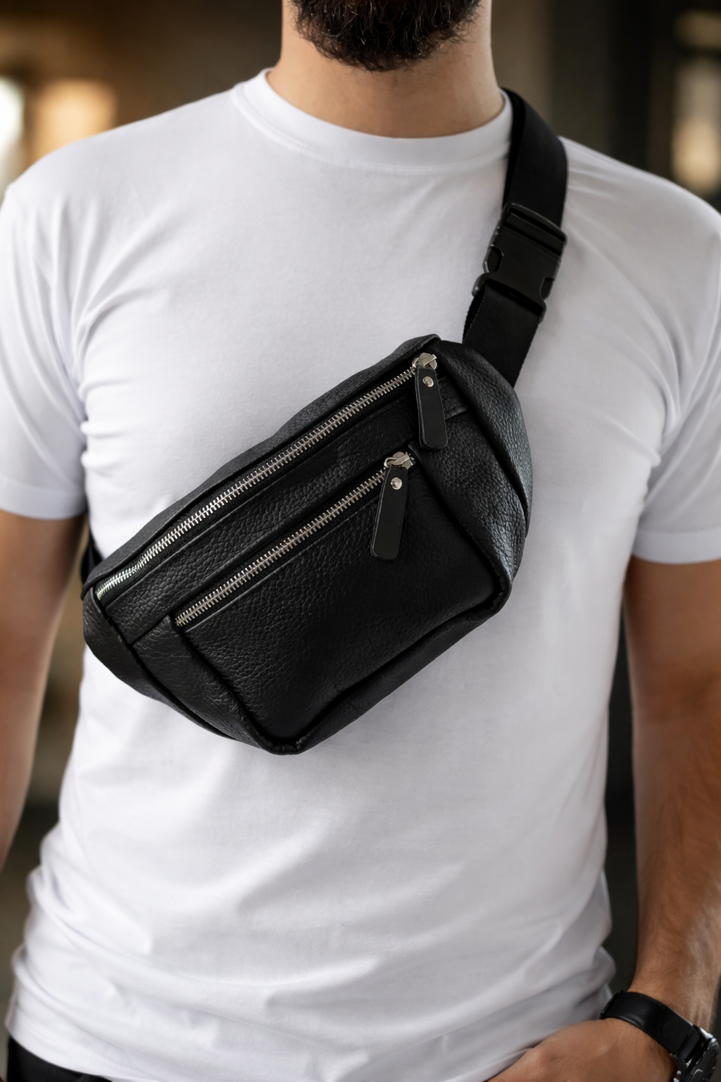 Mens leather banana bag black handmade waist bag gift for him