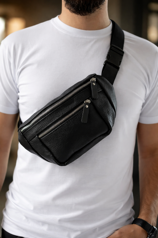 Mens leather banana bag black handmade waist bag gift for him