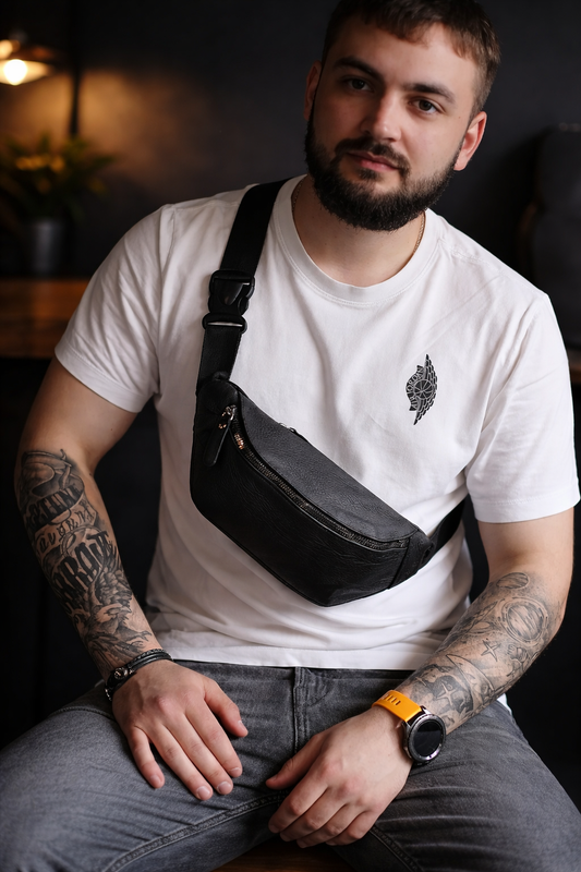 Handmade Mens Black Genuine Leather Belt Bag Waist Bag Gift For Him