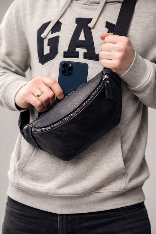 Mens Leather Banana Bag Black Handmade Gift For Him Waist Bag Fanny Pack Crossbody