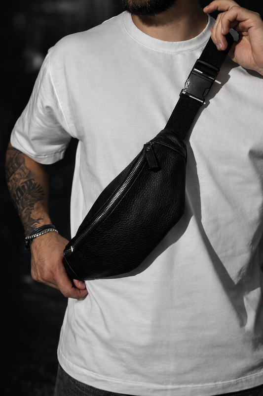 Handmade Mens Black Leather Banana Bag Gift for Him Waist Bag Fanny Pack
