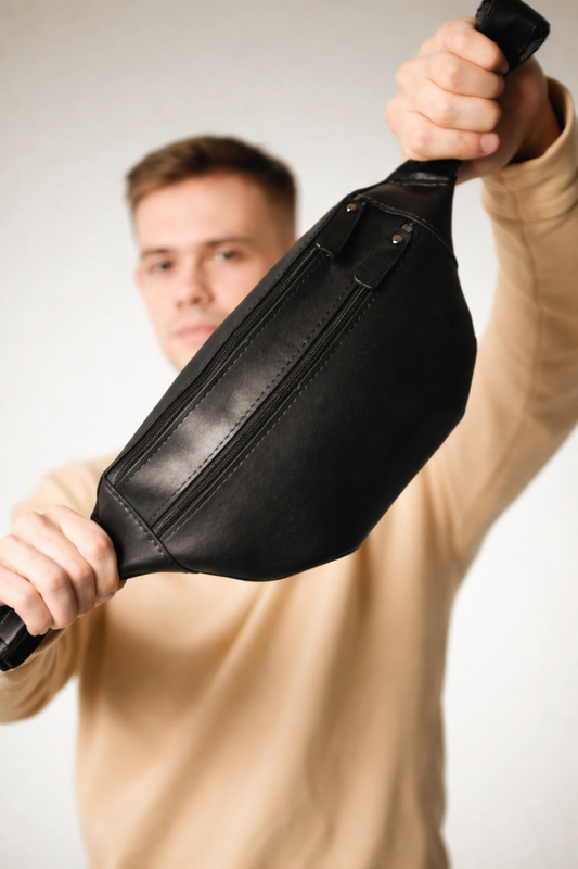 Mens Black Banana Bag Handmade Gift for Him PU Leather Waist Bag