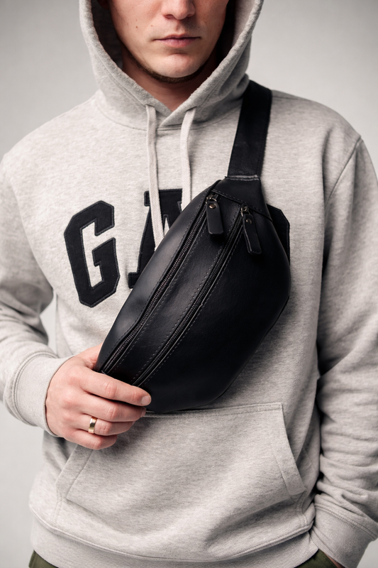 Black Handmade PU Leather Mens Belt Bag Waist Bag Gift for Him