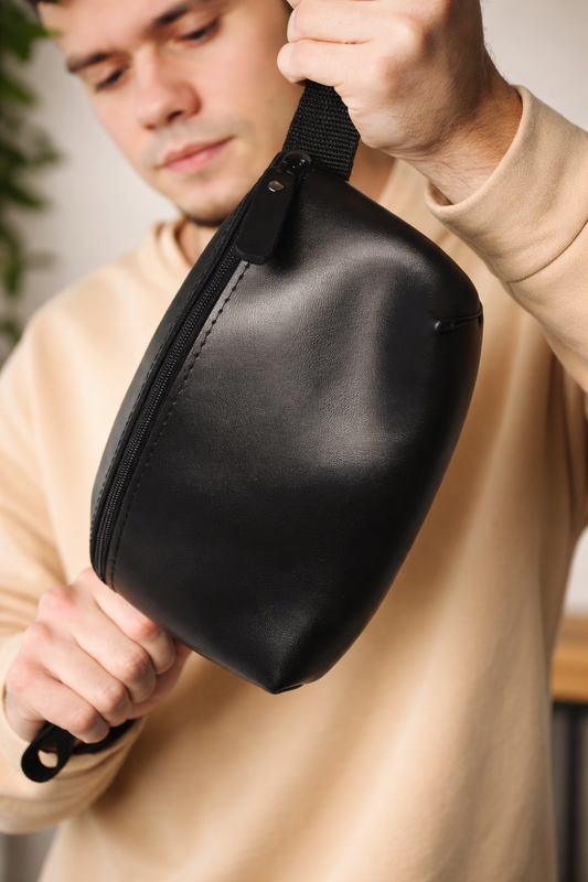 Handmade Mens Black PU Leather Banana Bag Gift For Him
