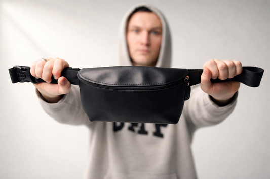 Handmade Black Mens Belt Bag PU Leather Waist Bag Gift for Him