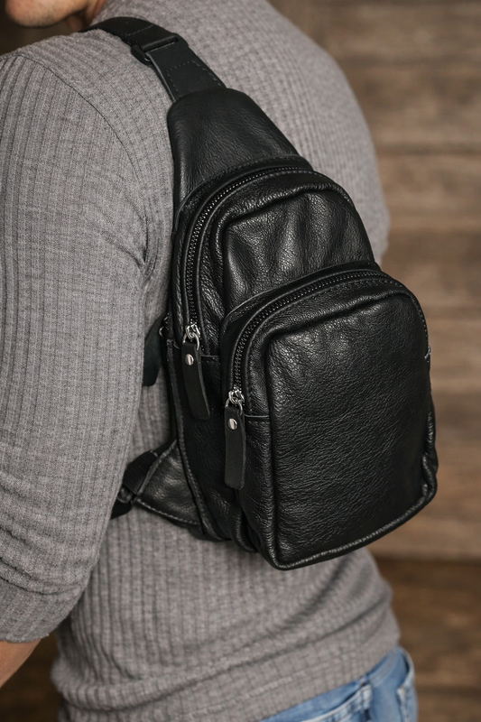Handmade Black Genuine Leather Mens Sling Bag Gift for Him