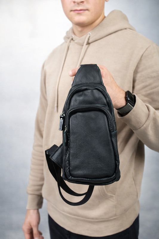 Handmade Mens Black Leather Chest Sling Bag Gift For Him