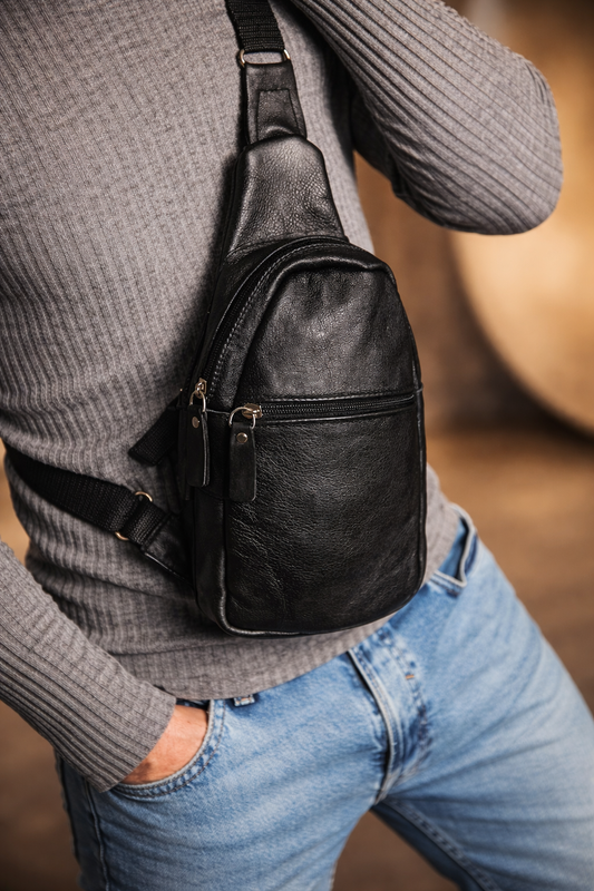 Handmade Black Leather Sling Bag for Men Gift for Him