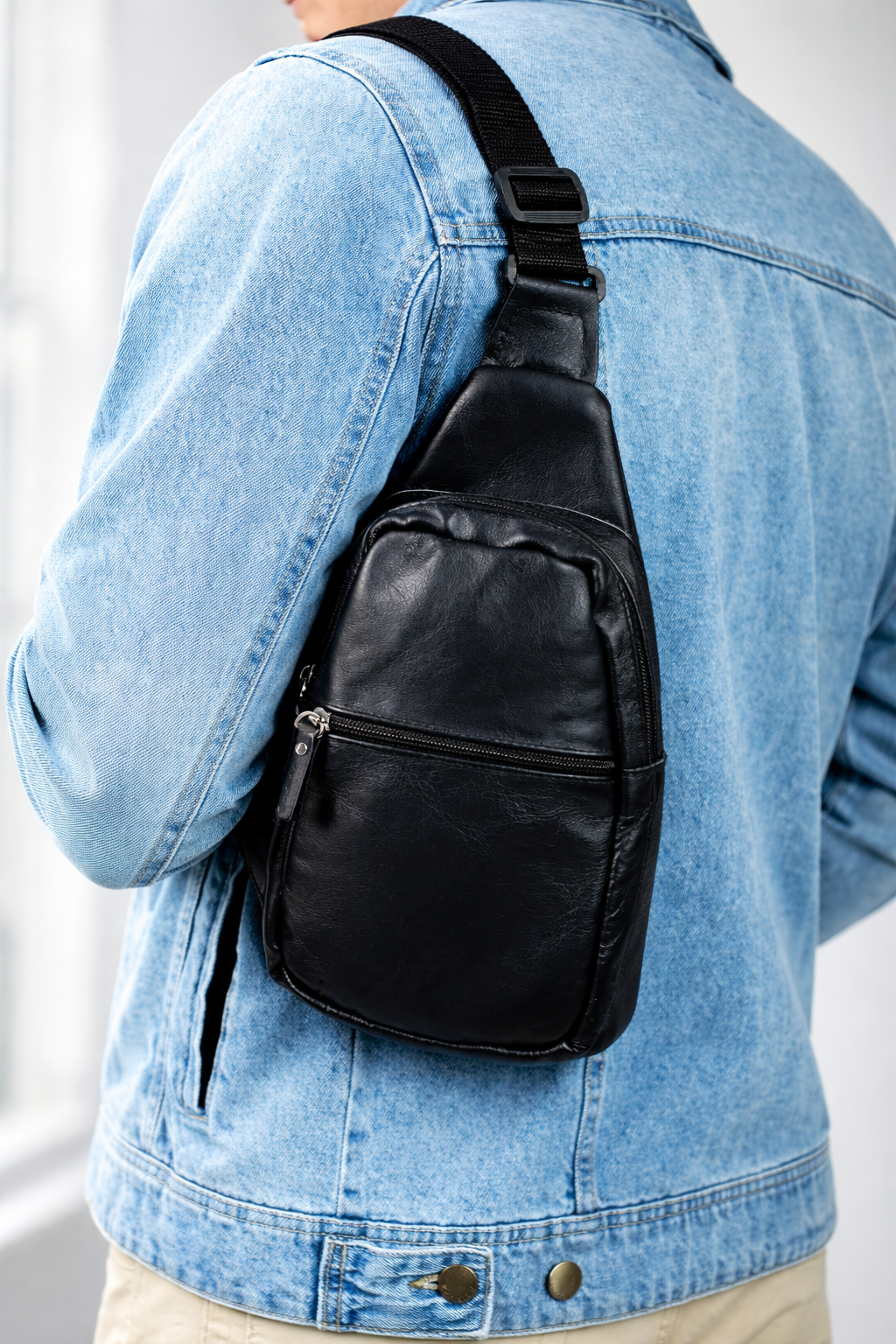 Handmade Black Genuine Leather Mens Chest Sling Bag Gift For Him