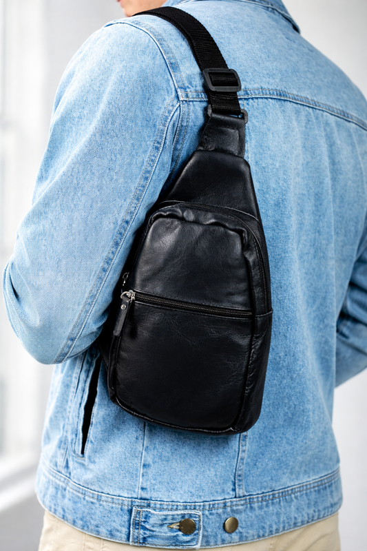 Handmade Black Genuine Leather Mens Chest Sling Bag Gift For Him