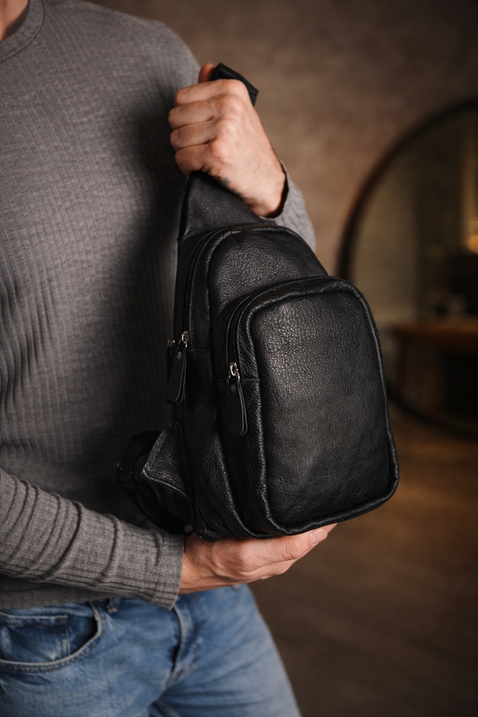 Handmade Black Leather Sling Bag Mens Crossbody Gift for Him