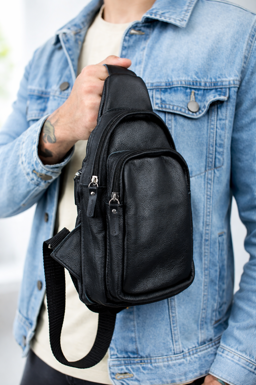 Handmade Genuine Leather Mens Chest Bag Black Leather Sling Bag Gift for Him