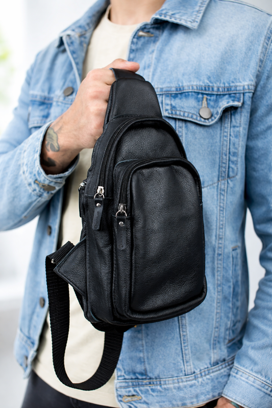 Handmade Genuine Leather Mens Chest Bag Black Leather Sling Bag Gift for Him