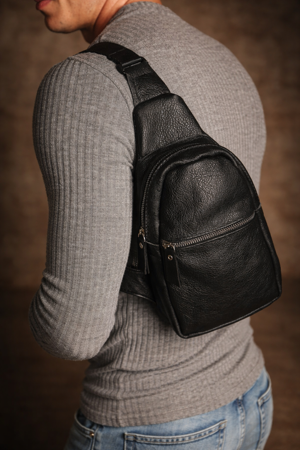 Handmade Genuine Leather Sling Bag Black Gift for Him