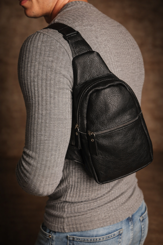 Handmade Genuine Leather Sling Bag Black Gift for Him