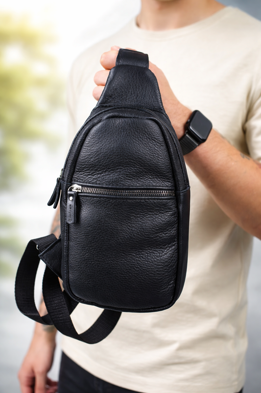 Mens Leather Chest Bag Black Handmade Sling Bag Gift for Him