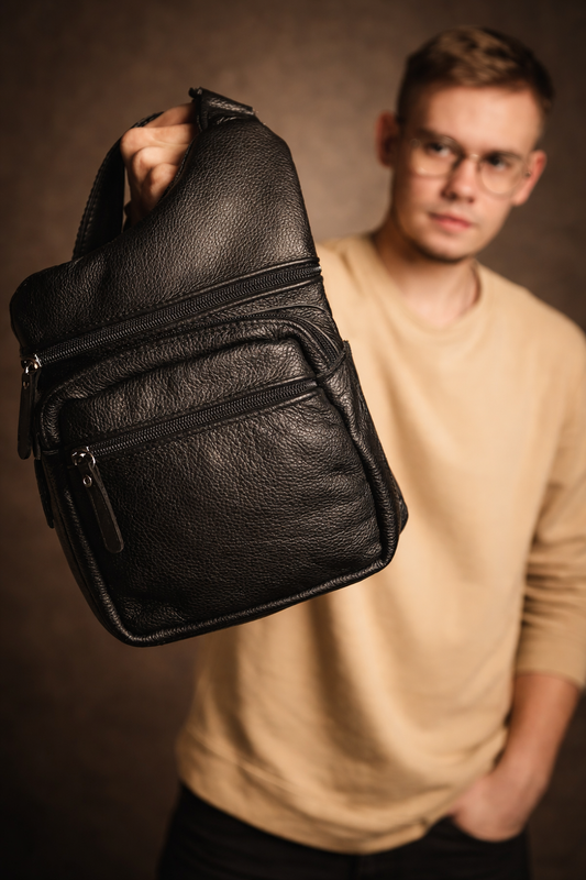Handmade Mens Black Leather Sling Bag Premium Chest Bag Gift For Him