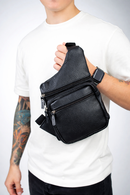 Mens Black Genuine Leather Chest Bag Handmade Gift for Him Sling Crossbody