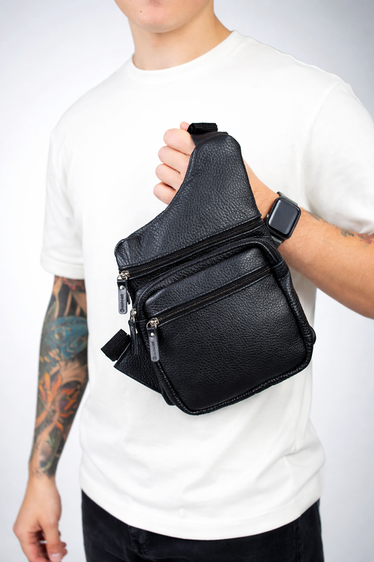 Mens Black Genuine Leather Chest Bag Handmade Gift for Him Sling Crossbody