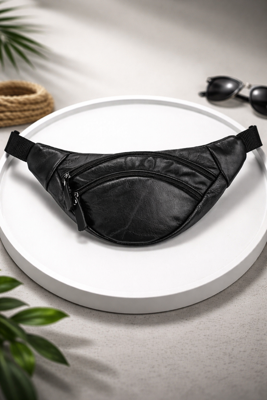 Handmade Black Genuine Leather Mens Banana Bag Waist Bag Gift for Him