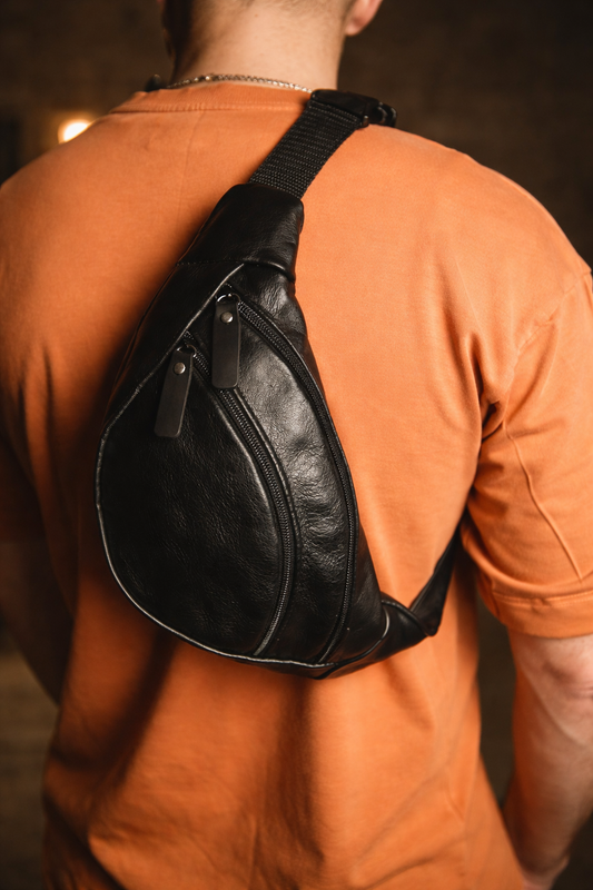 Handmade Black Leather Mens Belt Bag Fanny Pack Sling Bag Gift for Him Zippered
