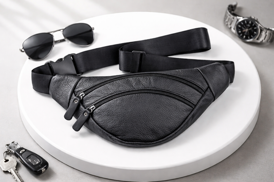 Mens Handmade Genuine Leather Waist Bag Black Banana Bag Fanny Pack Gift for Him