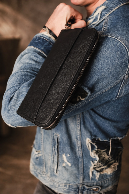 Mens SKILL Leather Clutch Wallet Genuine Leather Black Handmade Gift for Him