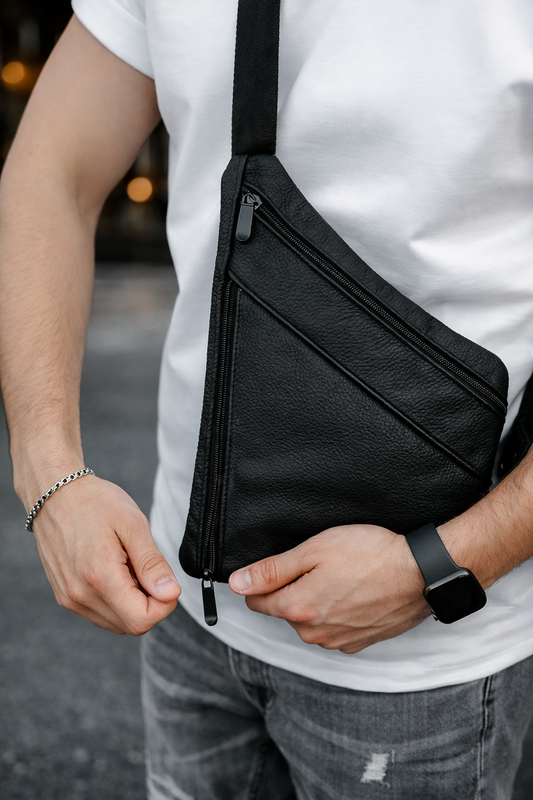 Handmade Mens Black Genuine Leather Sling Bag Crossbody Chest Bag Gift for Him