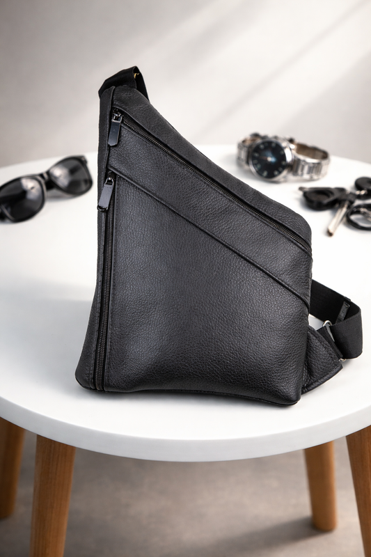 Handmade Mens Black Leather Chest Bag Sling Genuine Grain Leather Crossbody Gift for Him