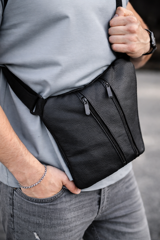 Mens Genuine Leather Sling Bag Black Handmade Gift for Him