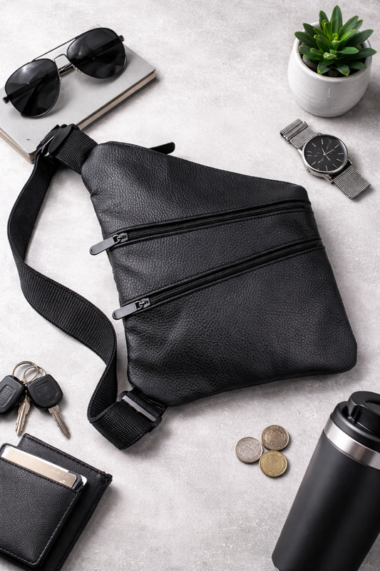 Handmade Mens Leather Chest Bag Black Sling Crossbody Bag Gift for Him