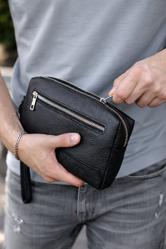 Handmade Mens Black Genuine Leather Clutch SKILL Gift for Him