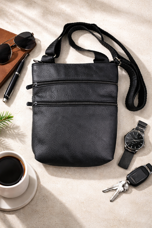Handmade Black Leather Shoulder Bag for Men Gift for Him Crossbody Bag