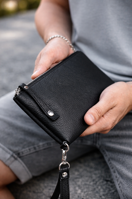 Handmade Mens Genuine Leather Clutch Wallet Black Gift For Him Wristlet
