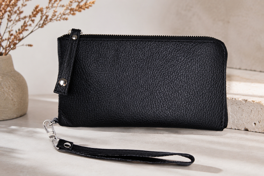 Handmade Mens Black Grain Leather Clutch Wallet Gift for Him Wristlet Zippered Card Holder