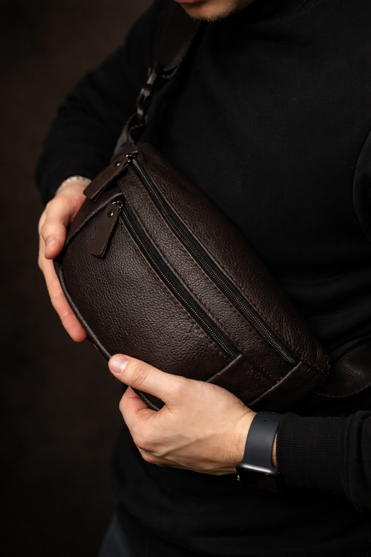 Handmade Men Genuine Leather Brown Waist Bag Banana Bag Gift for Him
