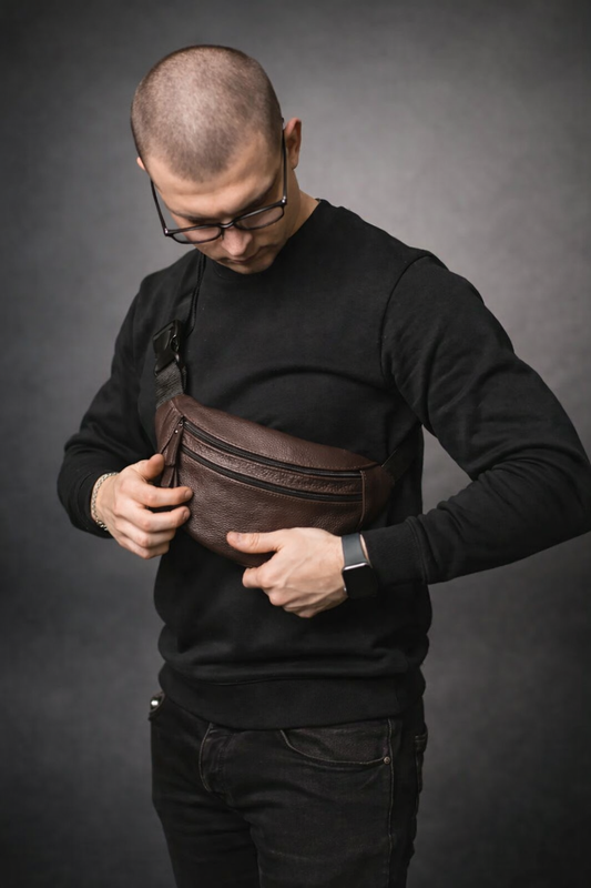 Handmade Brown Genuine Leather Mens Banana Bag Gift for Him Waist Bag