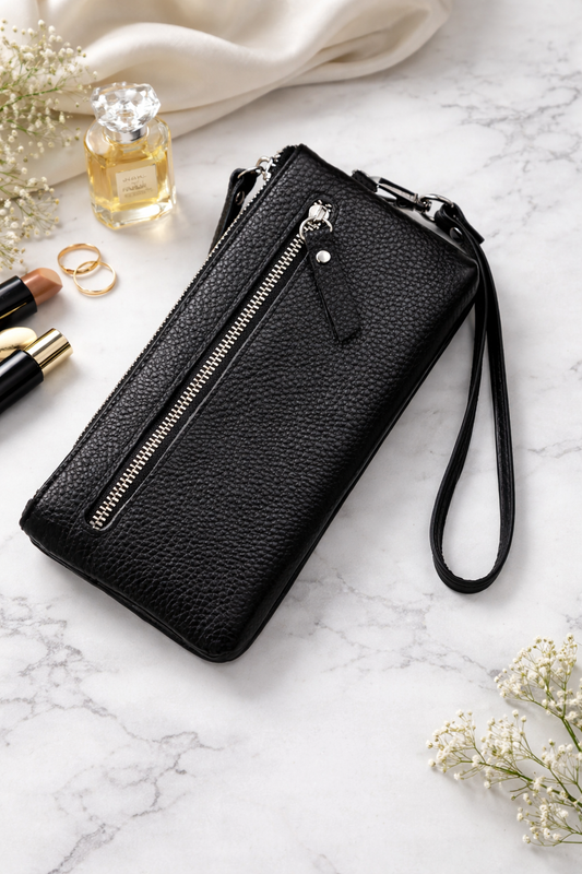 Handmade Black Leather Clutch Genuine Grain Leather Minimalist Wristlet Gift for Him