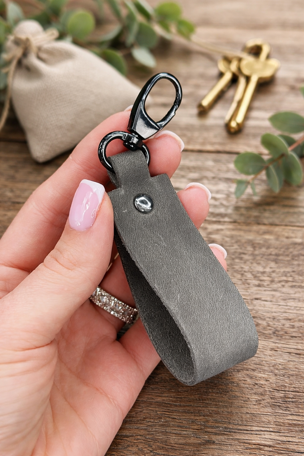 Handmade Leather Keychain Loop Metal Carabiner Gift for Him and Her